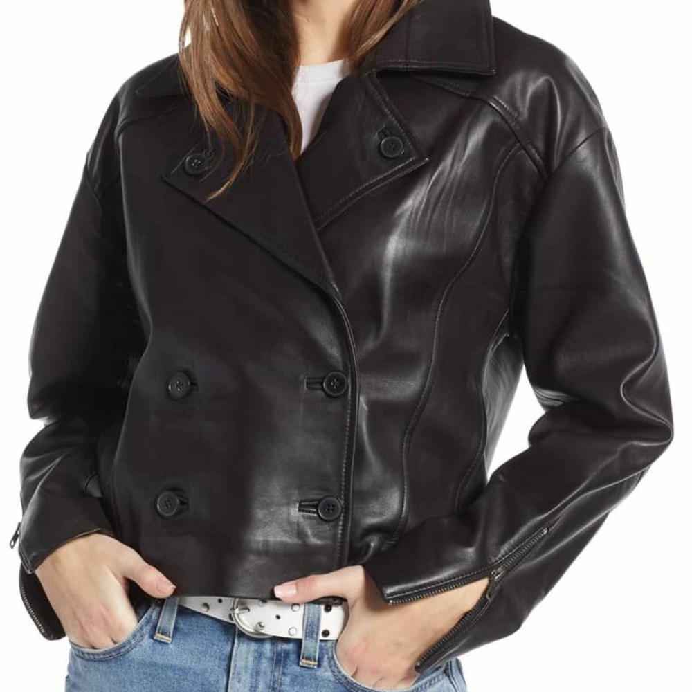 Something Navy Crop Leather Jacket - image 2